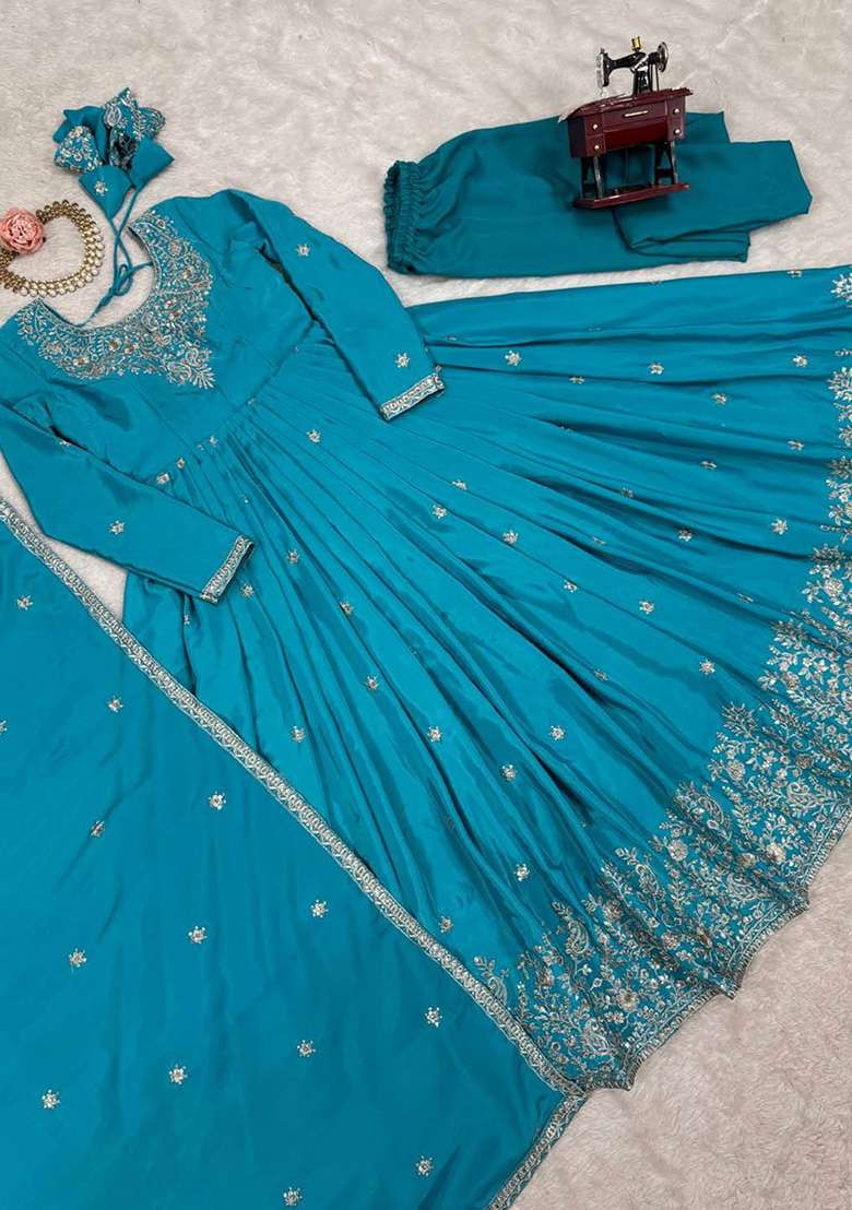 Blue Motif Silk Kurta Set - Indya