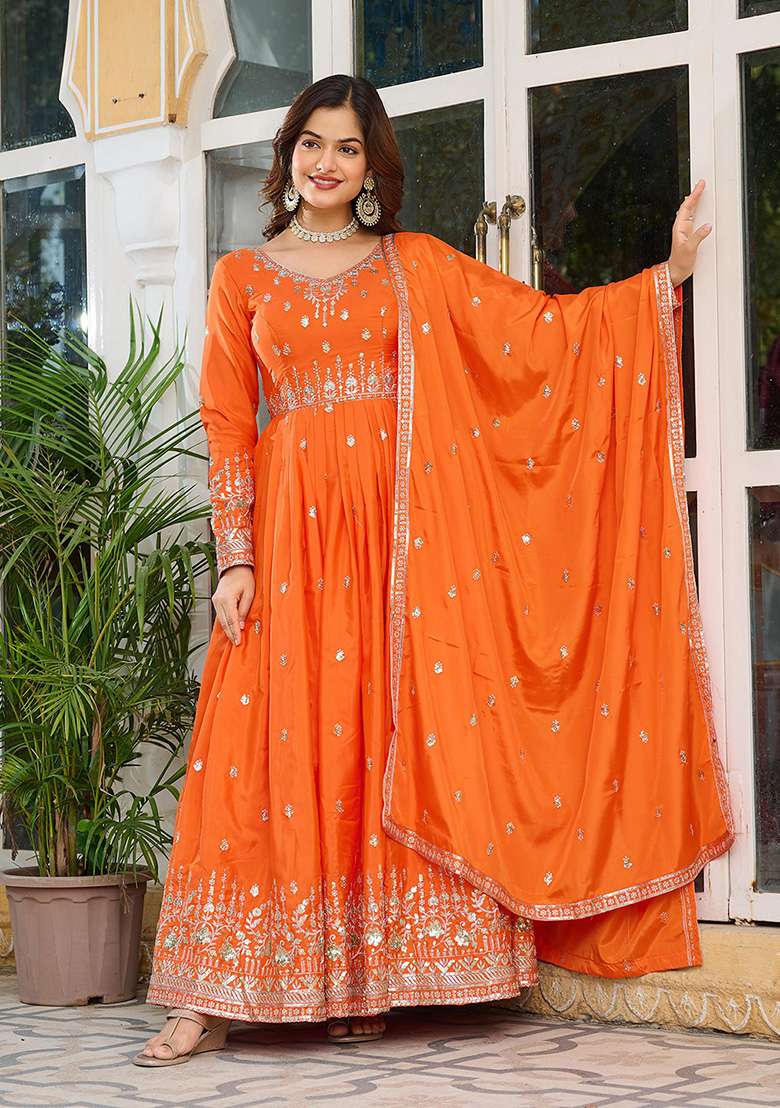 Orange Motif Silk Kurta Set - Indya