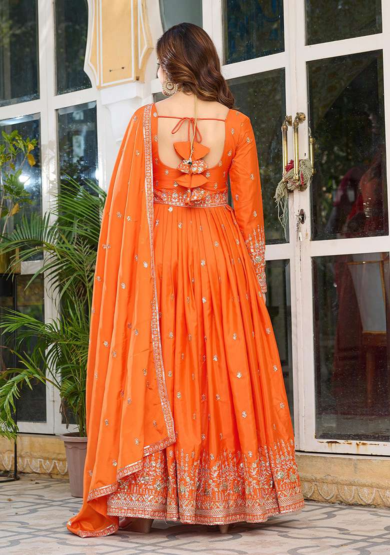 Orange Motif Silk Kurta Set - Indya