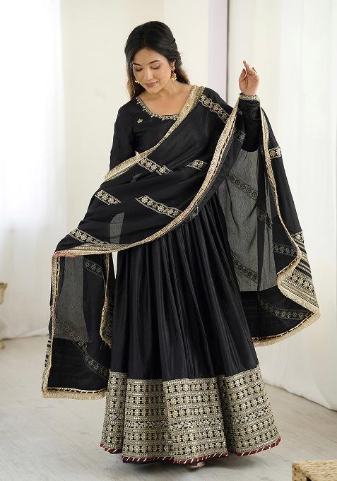 Black Motif Silk Kurta Set