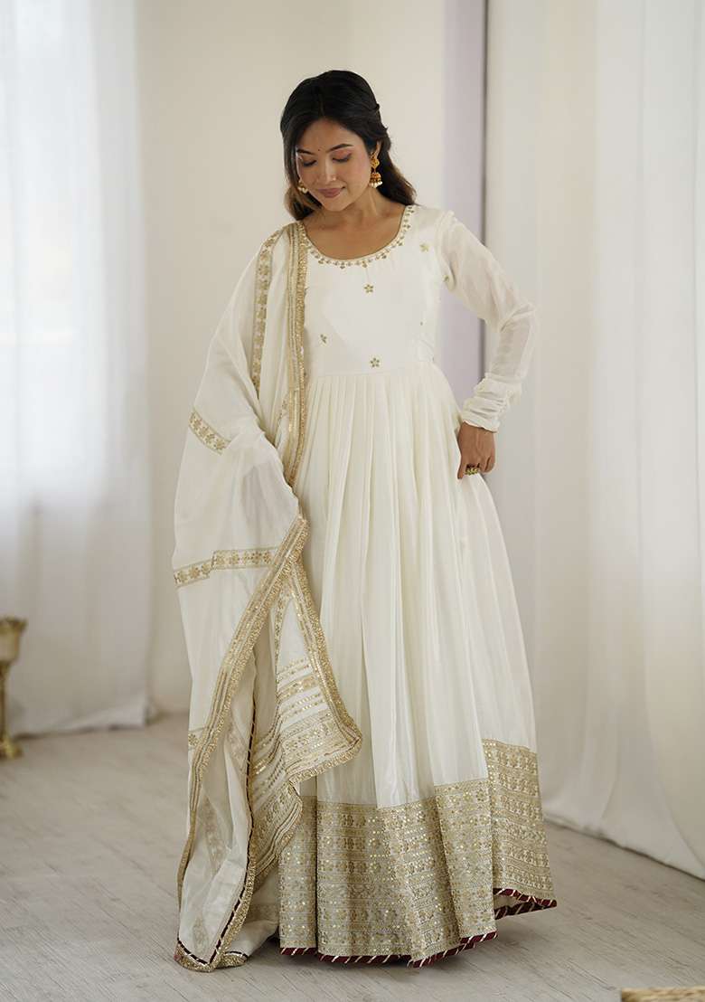 White Motif Silk Kurta Set - Indya