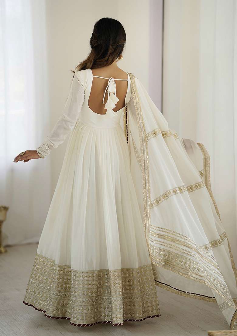 White Motif Silk Kurta Set - Indya