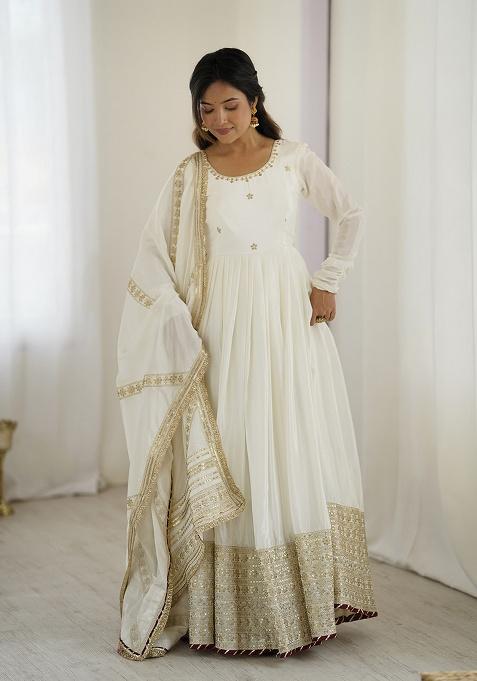 White Motif Silk Kurta Set