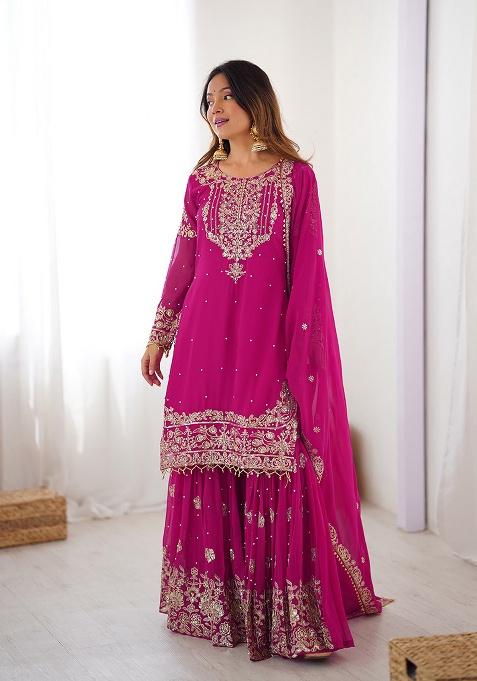 Pink Motif Georgette Kurta Set