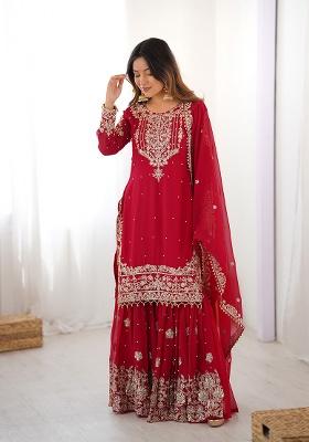 Red Motif Georgette Kurta Set