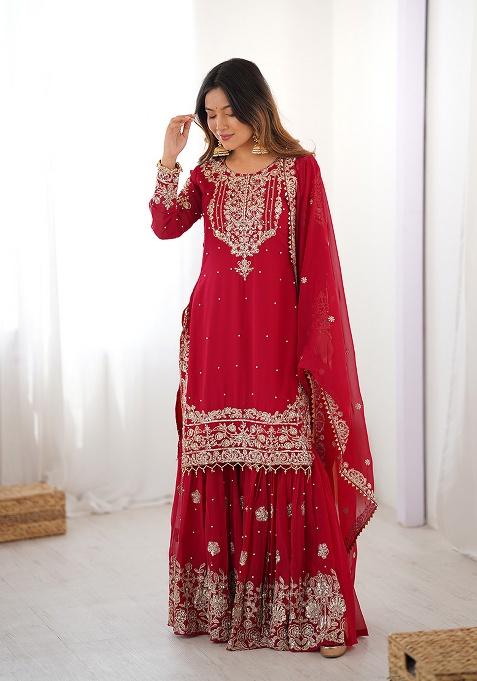 Red Motif Georgette Kurta Set