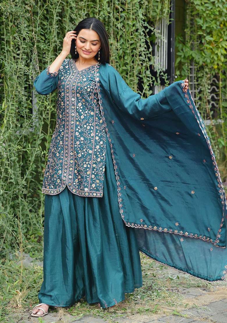 Teal Embroidered Chinon Sharara Set - Indya