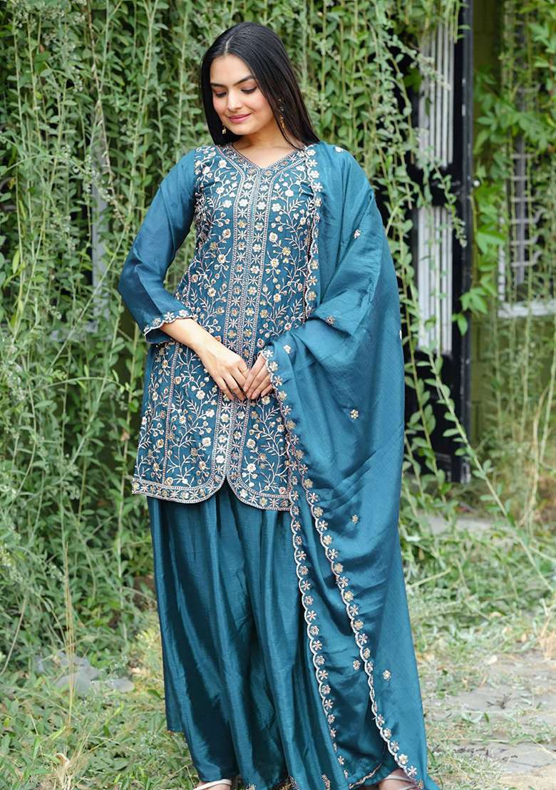 Teal Embroidered Chinon Sharara Set - Indya