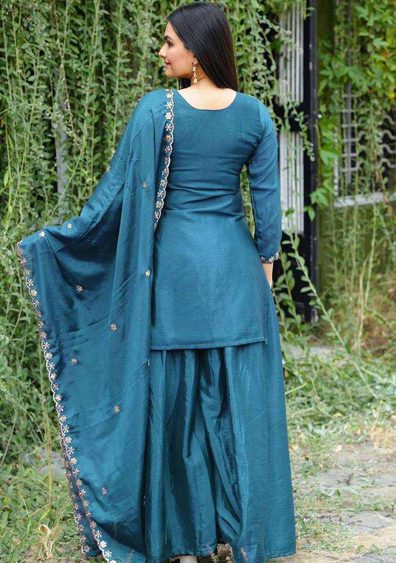 Teal Embroidered Chinon Sharara Set - Indya