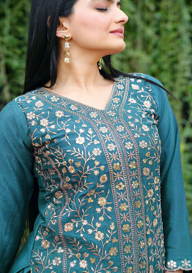 Teal Embroidered Chinon Sharara Set - Indya