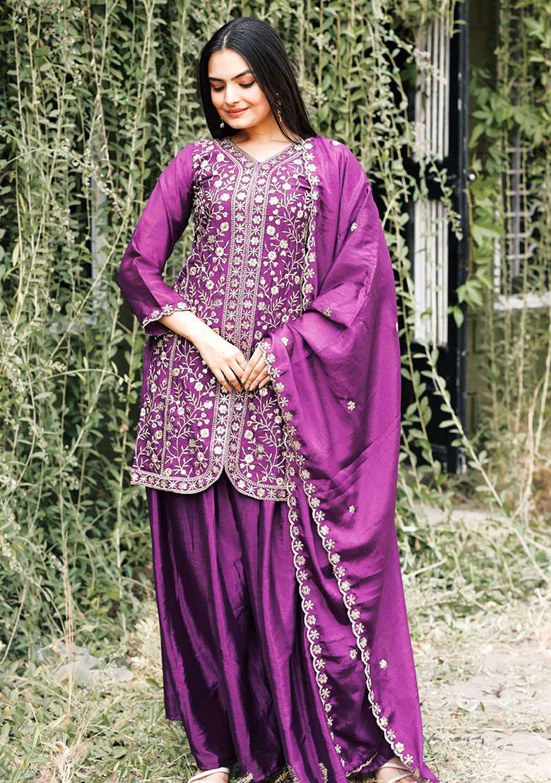 Wine Embroidered Chinon Sharara Set - Indya