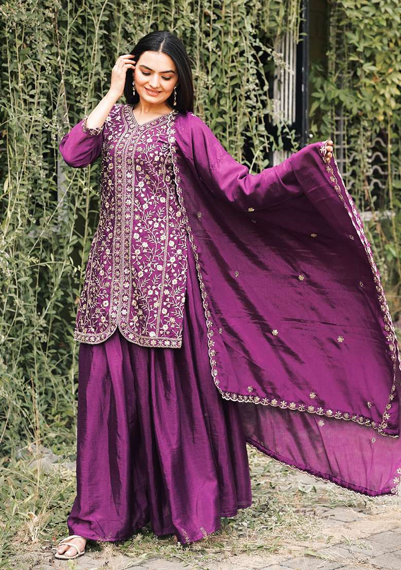 Wine Embroidered Chinon Sharara Set - Indya