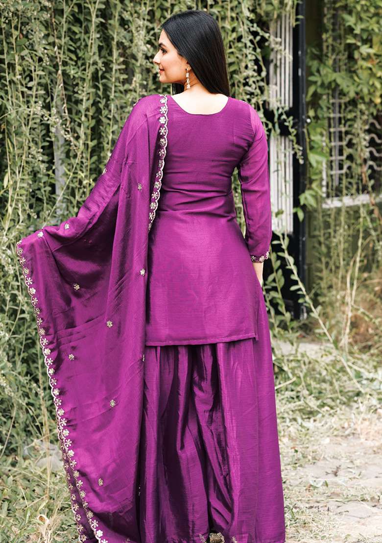 Wine Embroidered Chinon Sharara Set - Indya