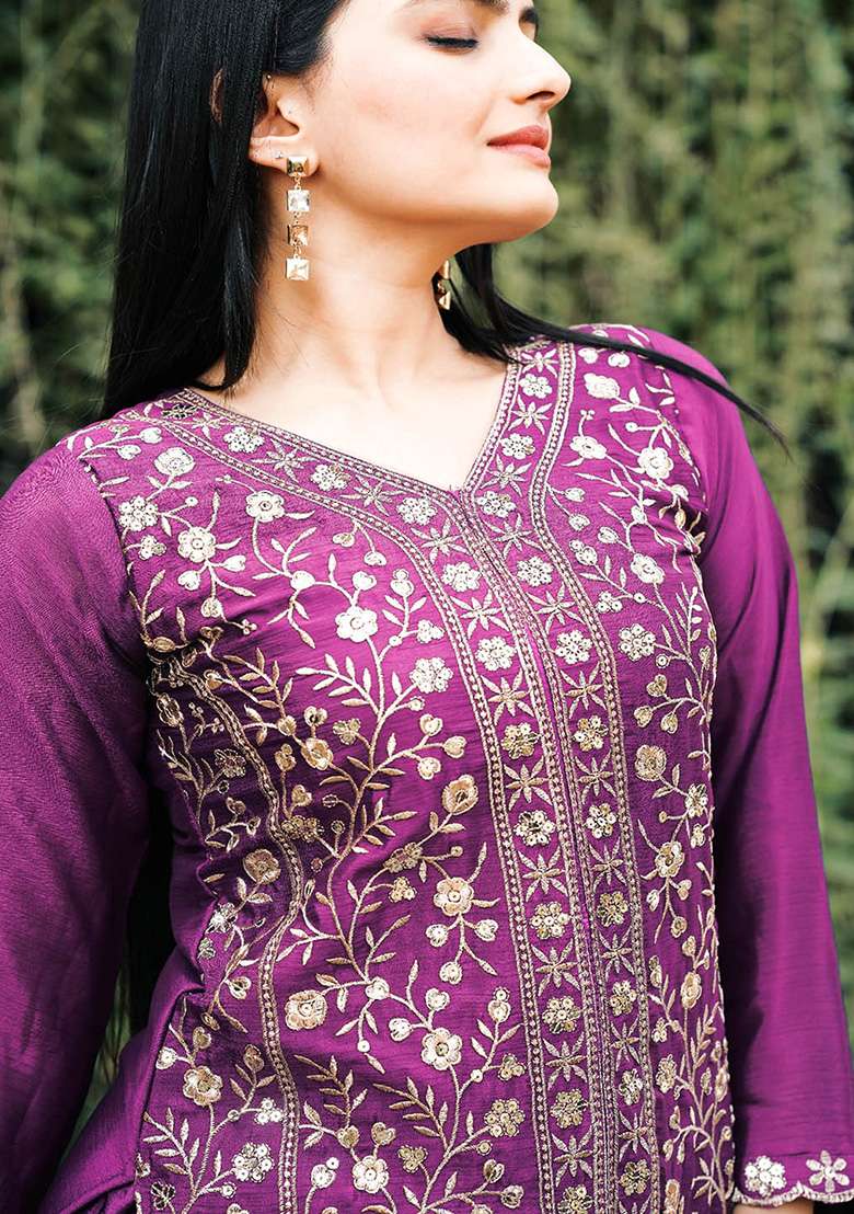 Wine Embroidered Chinon Sharara Set - Indya