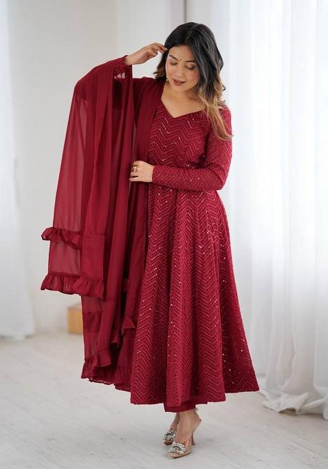 Maroon Motif Georgette Kurta Set