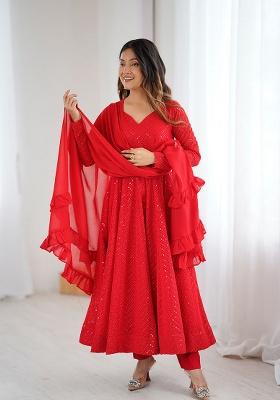 Red Motif Georgette Kurta Set