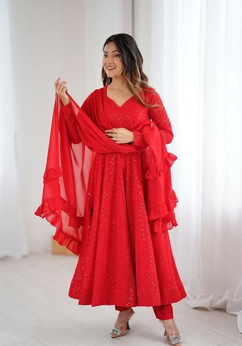 Red Motif Georgette Kurta Set