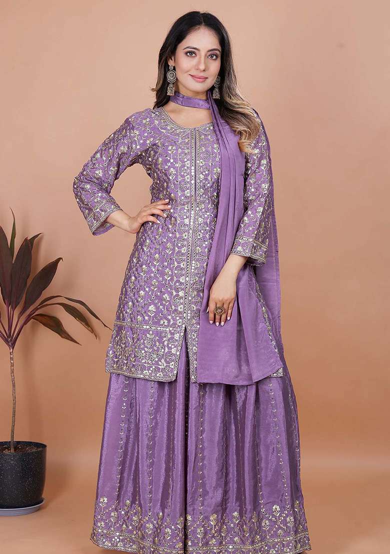 Lavender Embroidered Chinon Sharara Set - Indya