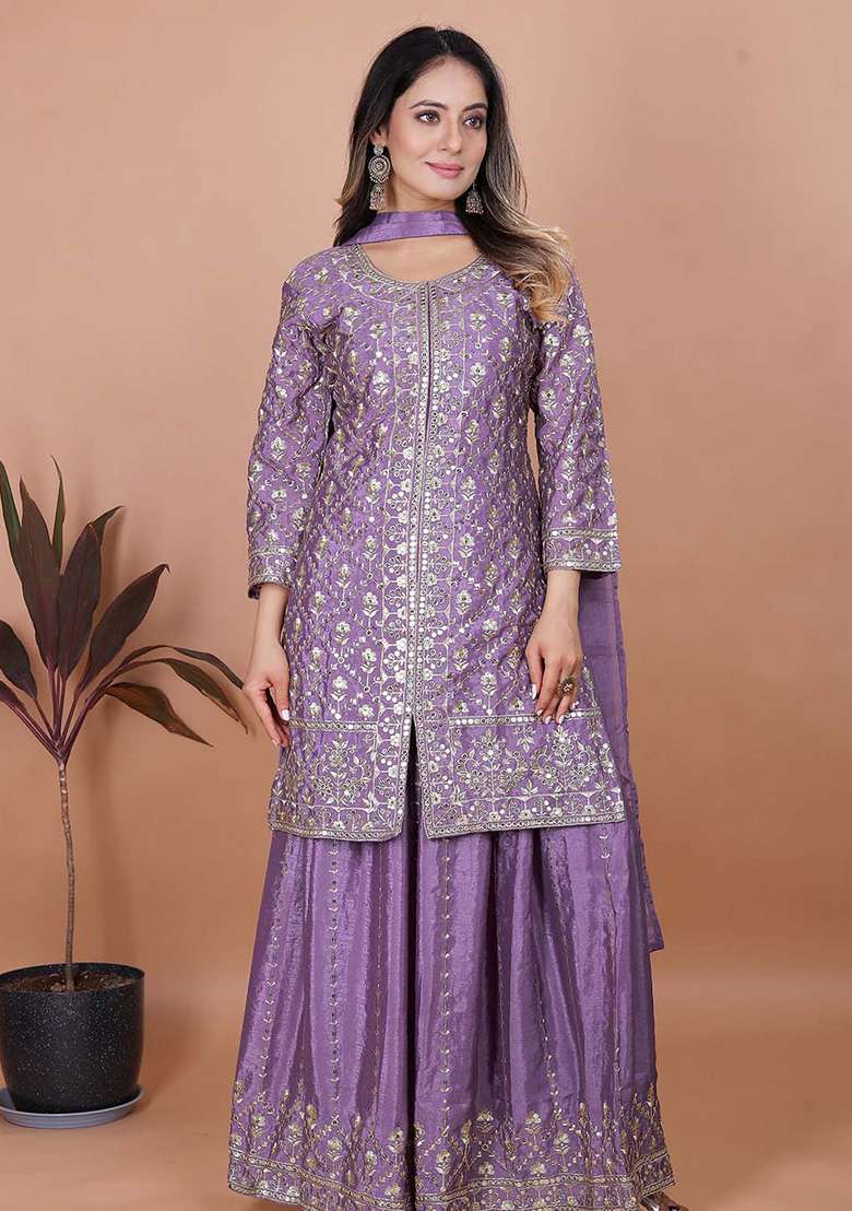 Lavender Embroidered Chinon Sharara Set - Indya
