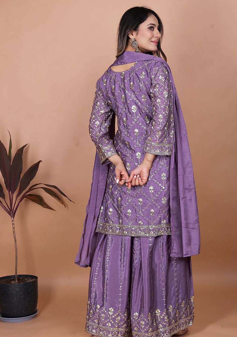 Lavender Embroidered Chinon Sharara Set - Indya