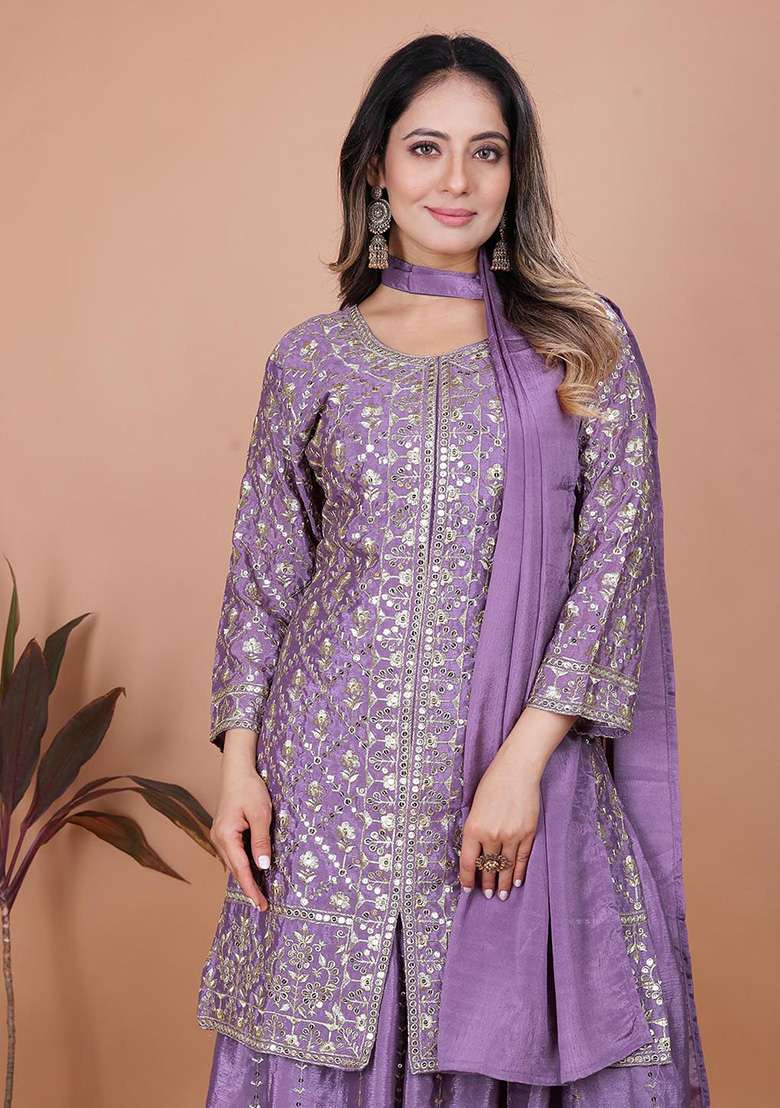 Lavender Embroidered Chinon Sharara Set - Indya