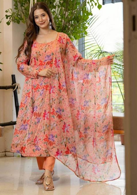 Peach Motif Organza Kurta Set