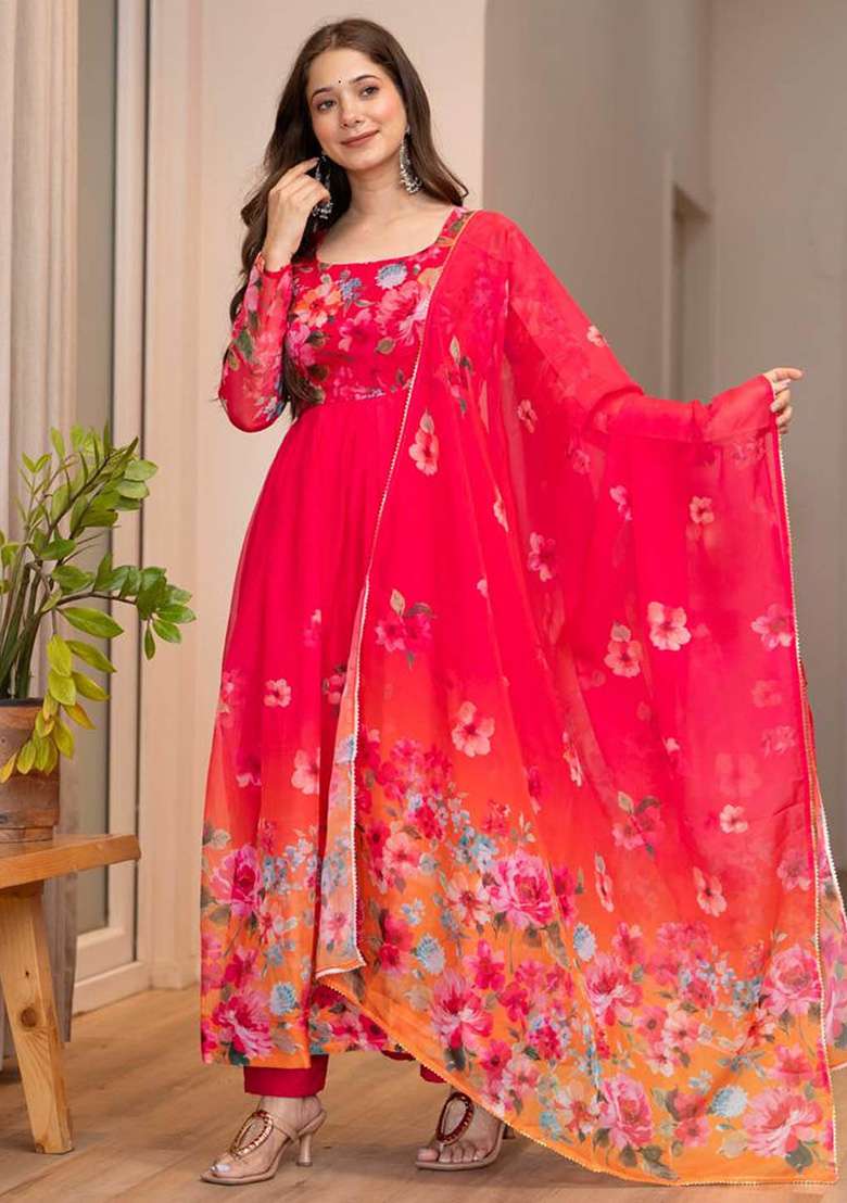 Multicolour Motif Organza Kurta Set - Indya