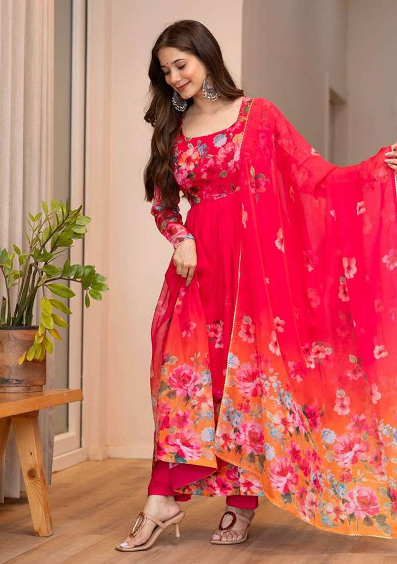 Multicolour Motif Organza Kurta Set - Indya