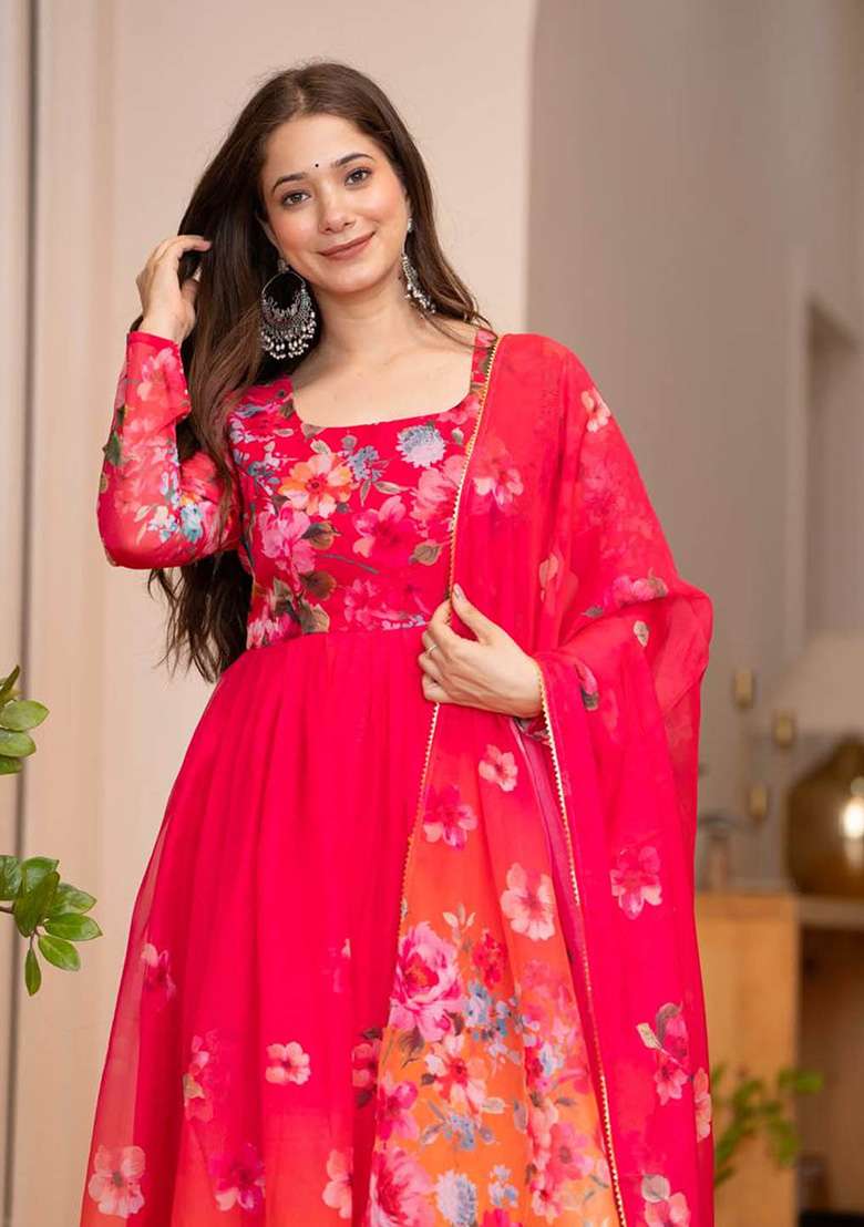 Multicolour Motif Organza Kurta Set - Indya