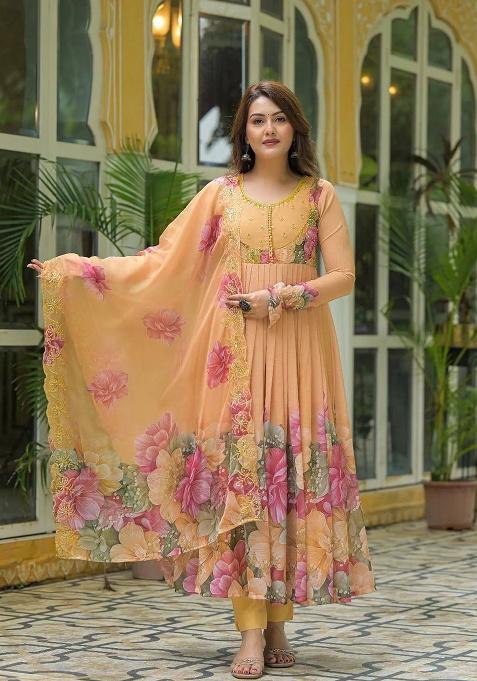 Peach Motif Georgette Kurta Set