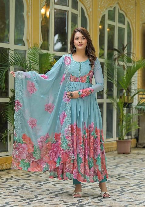 Sky Blue Motif Georgette Kurta Set