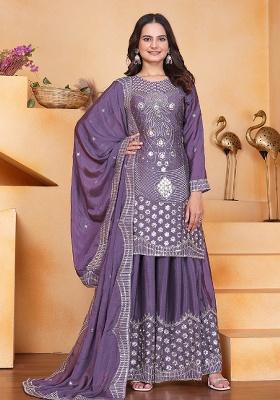 Purple Motif Chinon Kurta Set