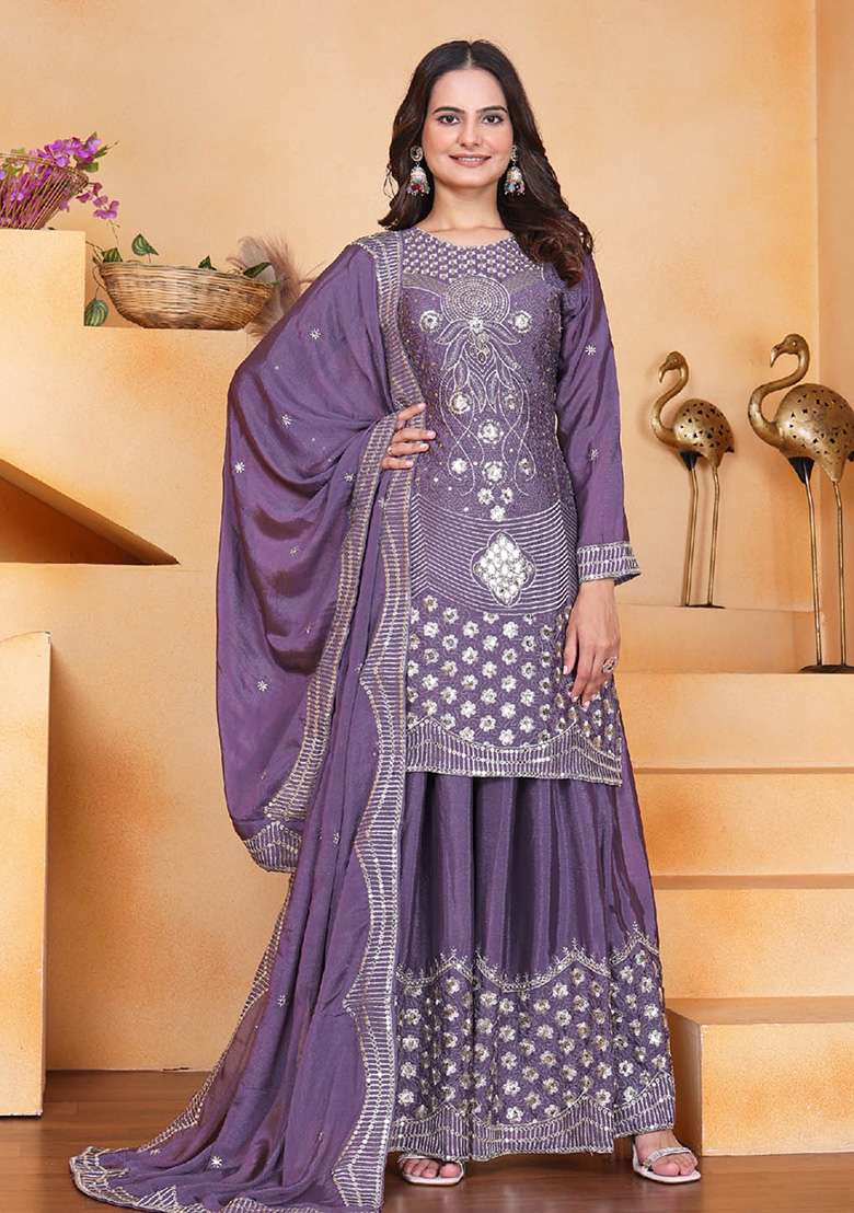 Purple Embroidered Chinon Sharara Set - Indya