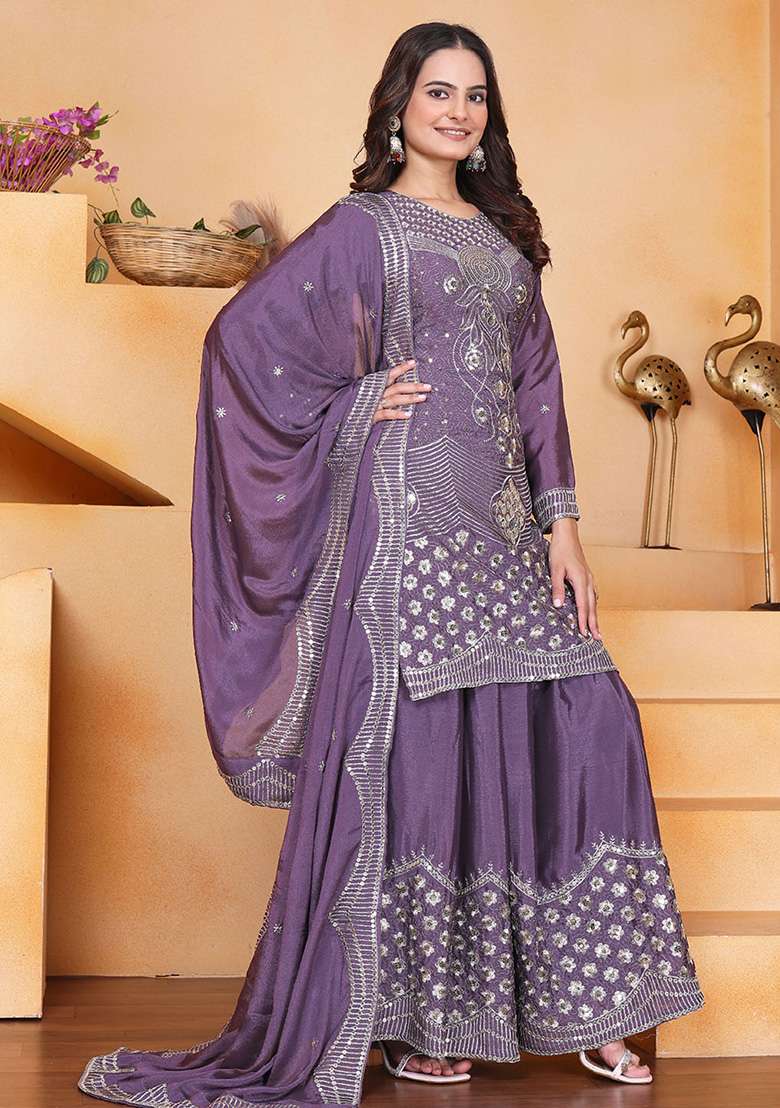 Purple Embroidered Chinon Sharara Set - Indya