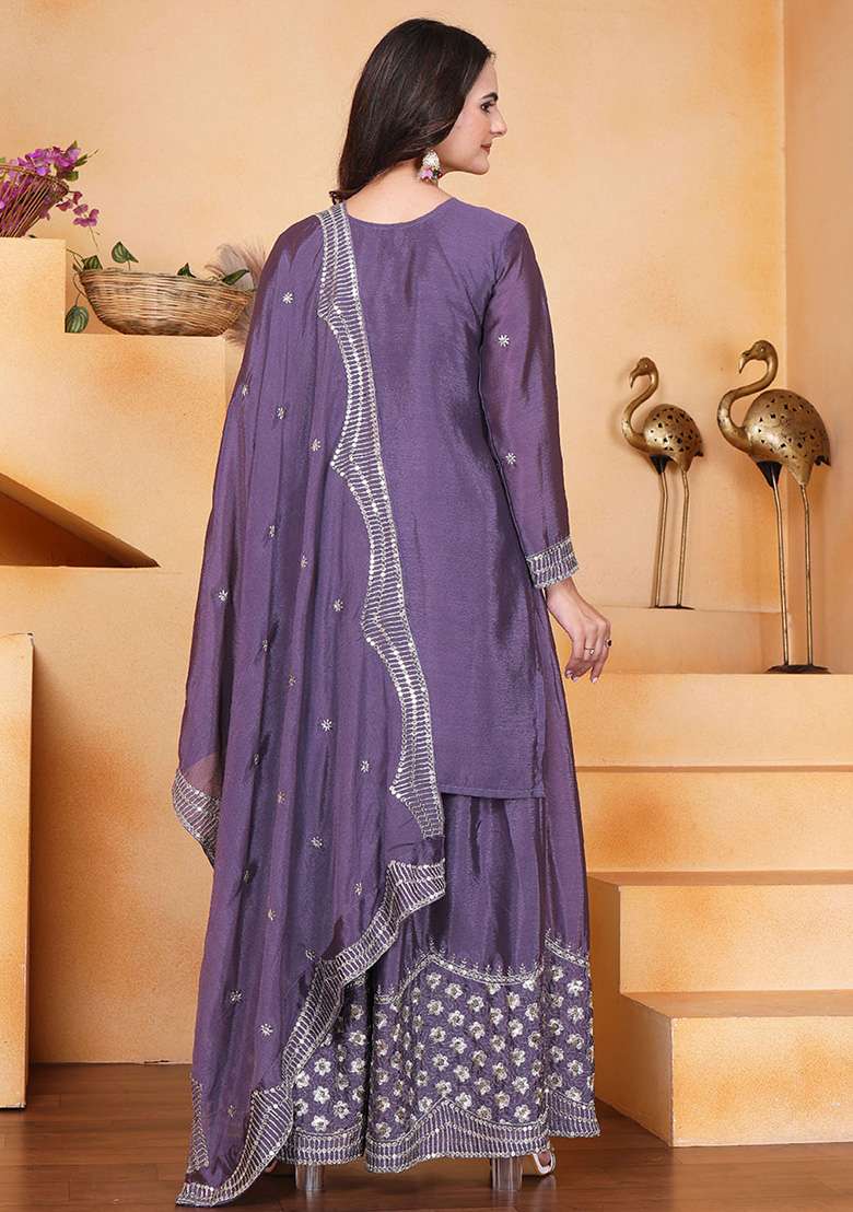 Purple Embroidered Chinon Sharara Set - Indya