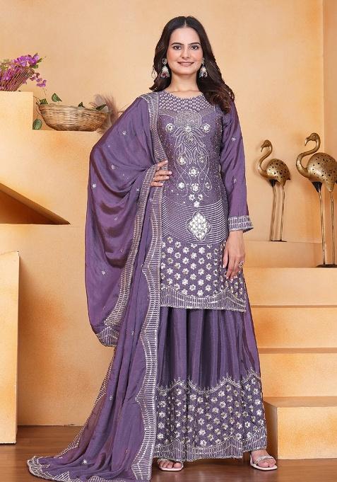 Purple Motif Chinon Kurta Set