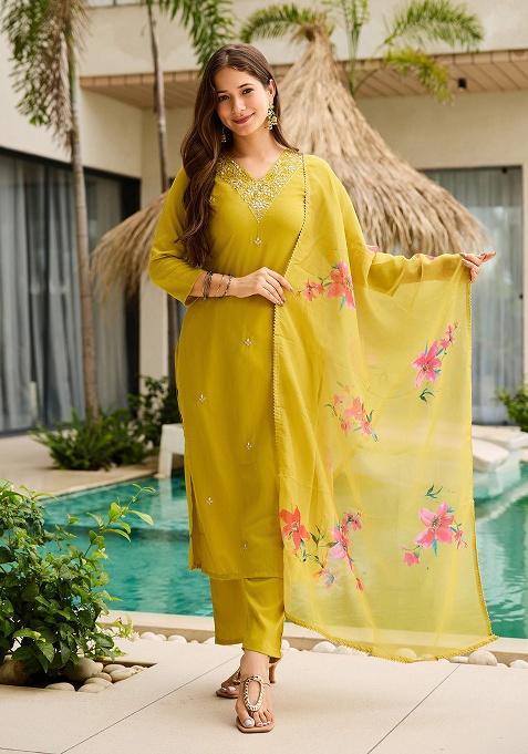 Yellow Motif Viscose Rayon Kurta Set