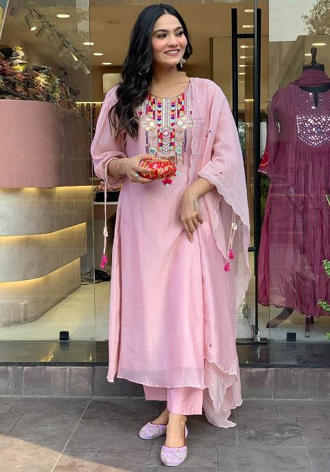 Pink Motif Chanderi Kurta Set