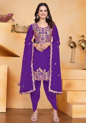 Purple Motif Chinon Kurta Set