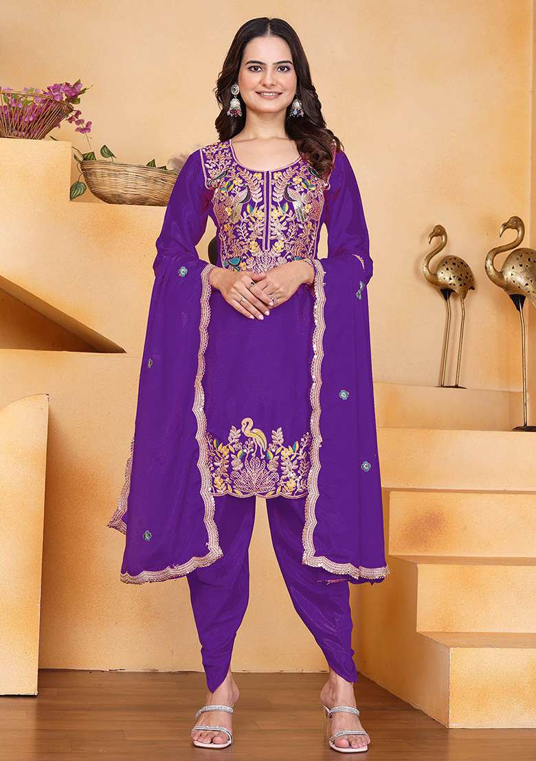Purple Embroidered Chinon Punjabi Suit - Indya
