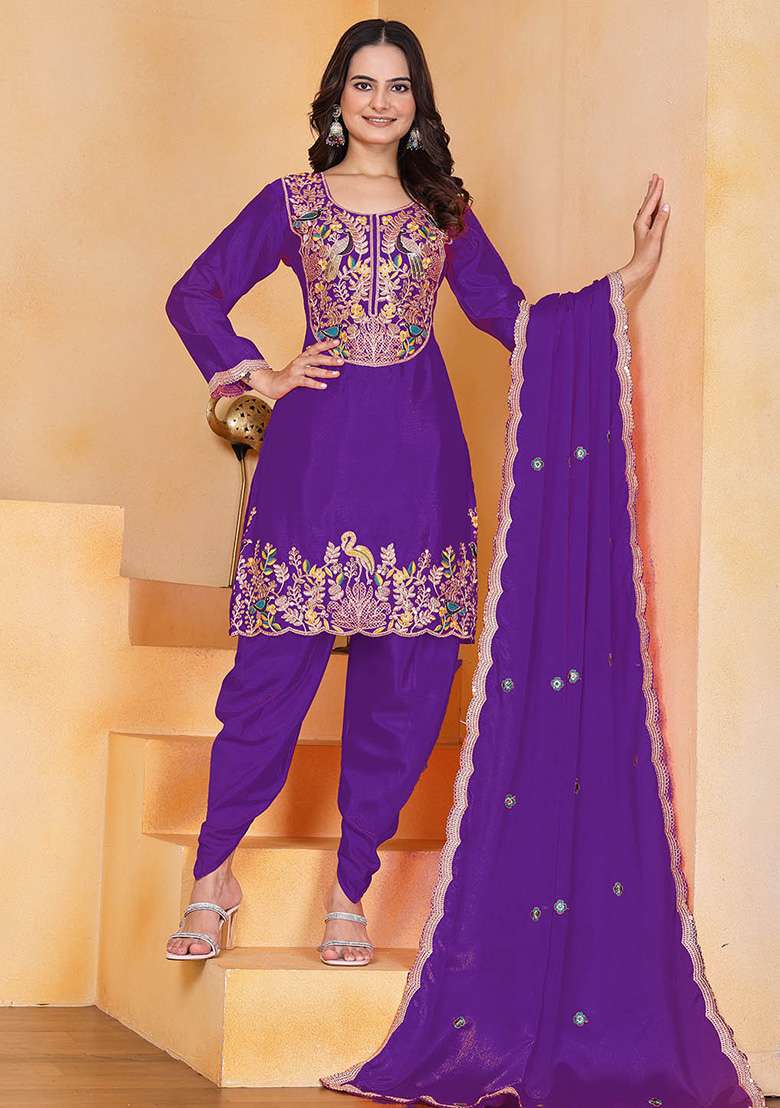 Purple Embroidered Chinon Punjabi Suit - Indya