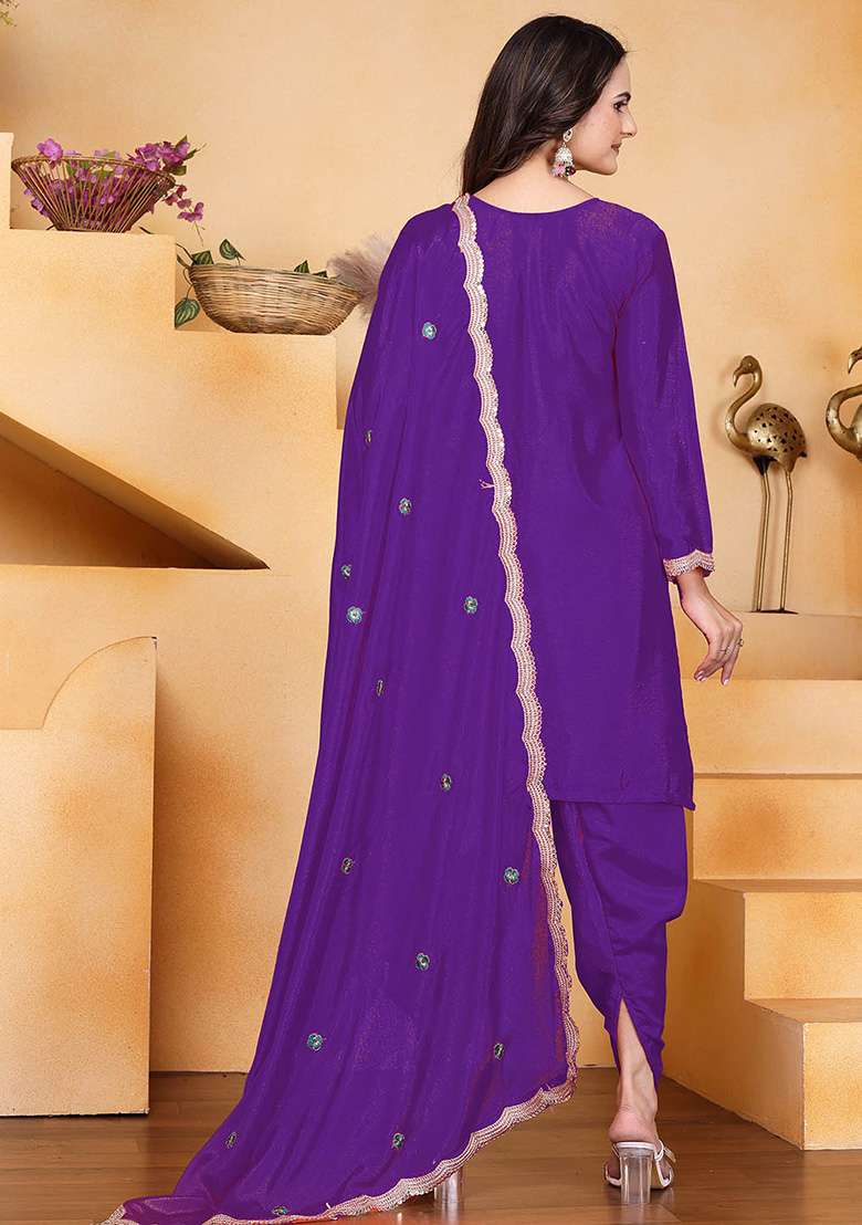 Purple Embroidered Chinon Punjabi Suit - Indya