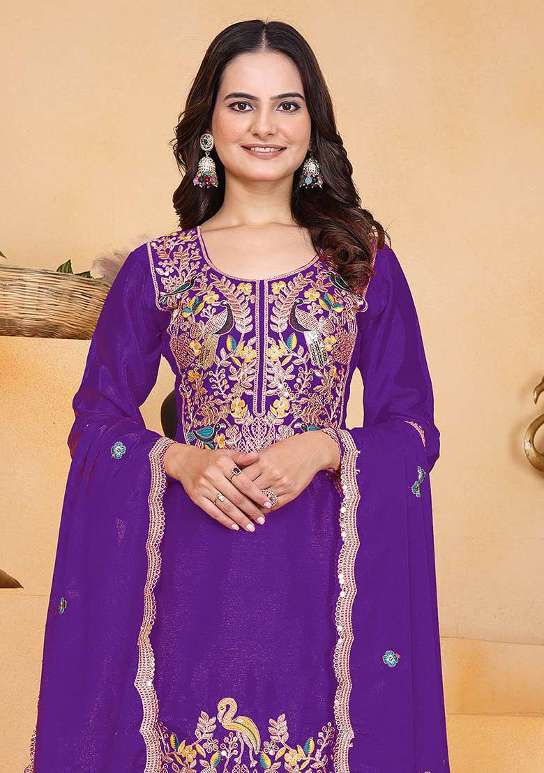 Purple Embroidered Chinon Punjabi Suit - Indya