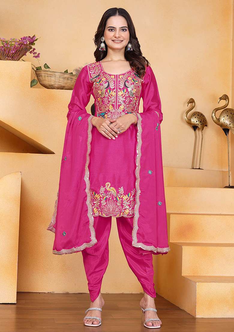Rani Pink Embroidered Chinon Punjabi Suit - Indya