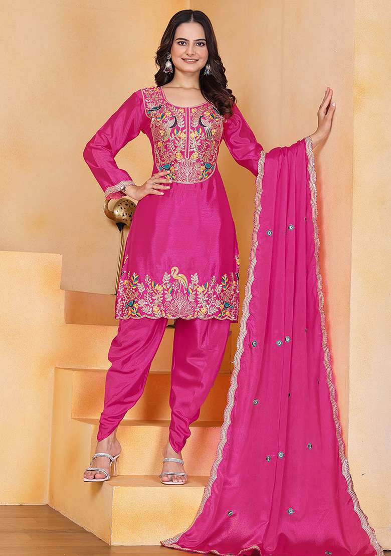 Rani Pink Embroidered Chinon Punjabi Suit - Indya
