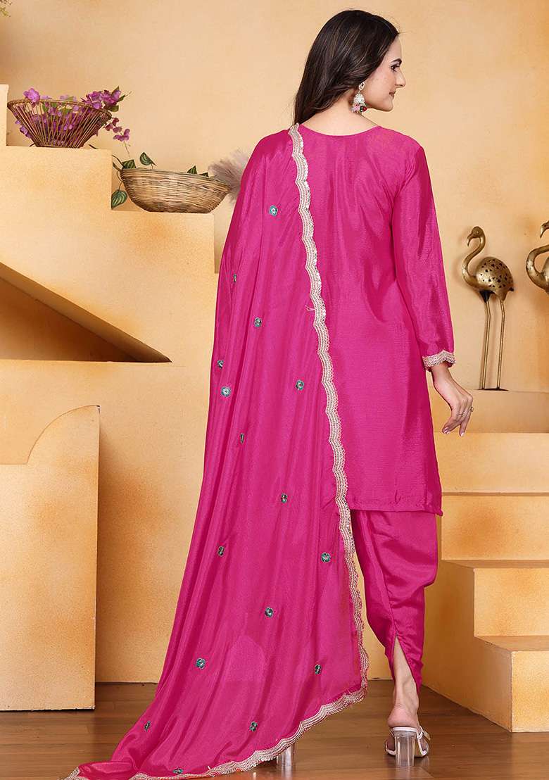 Rani Pink Embroidered Chinon Punjabi Suit - Indya
