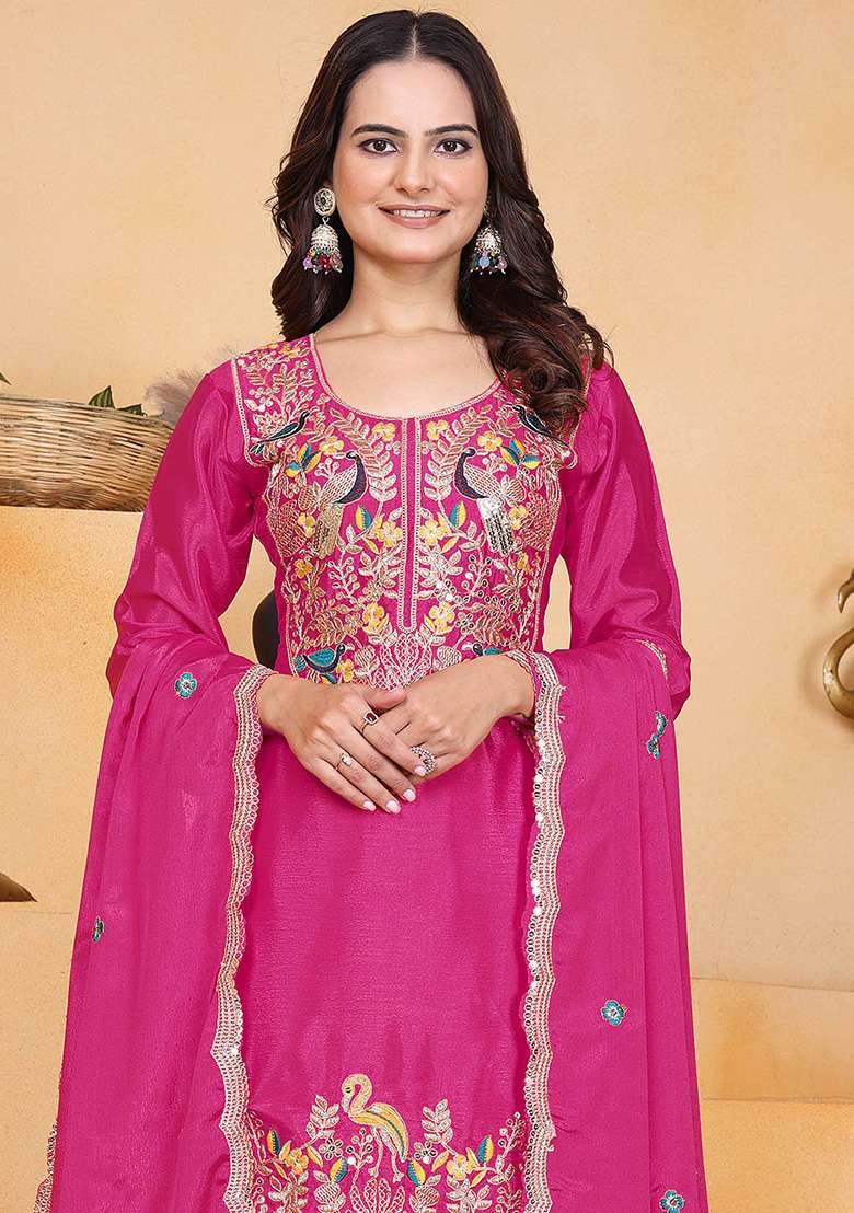 Rani Pink Embroidered Chinon Punjabi Suit - Indya