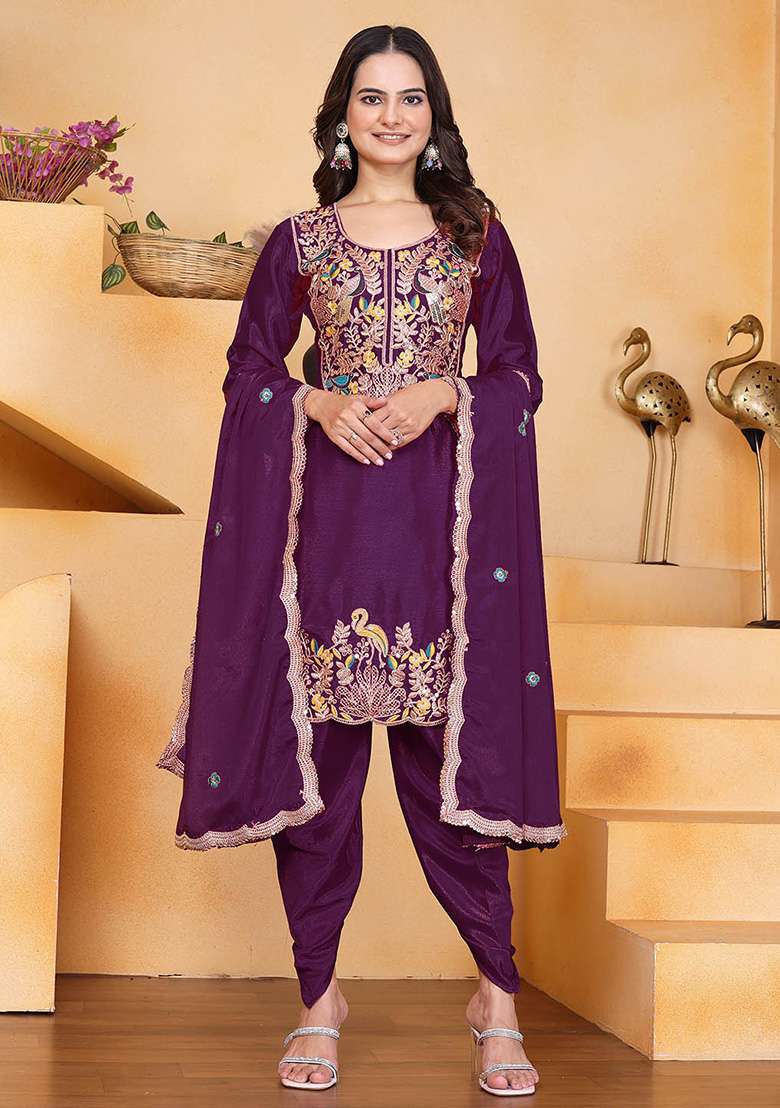 Wine Embroidered Chinon Punjabi Suit - Indya