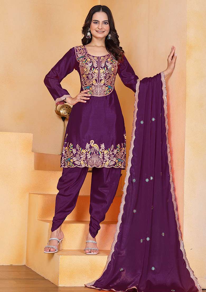 Wine Embroidered Chinon Punjabi Suit - Indya
