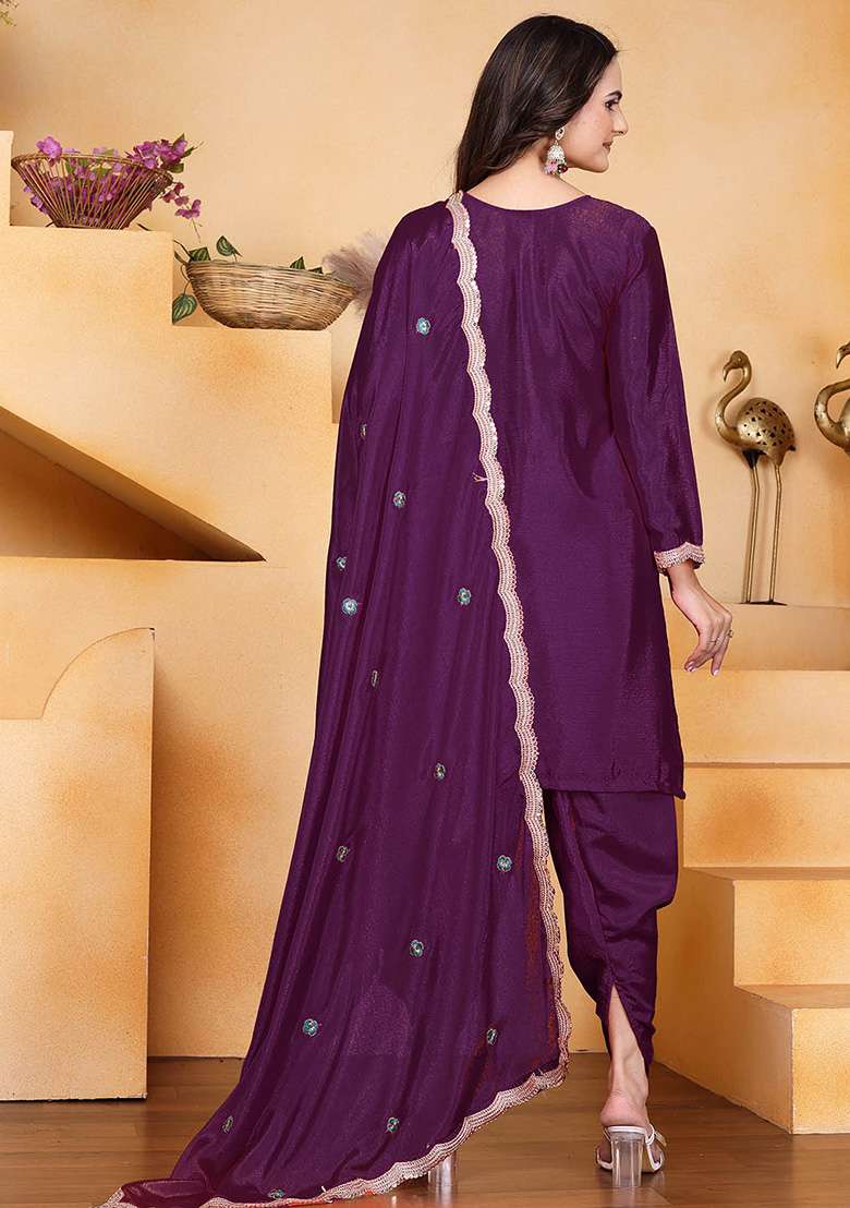 Wine Embroidered Chinon Punjabi Suit - Indya